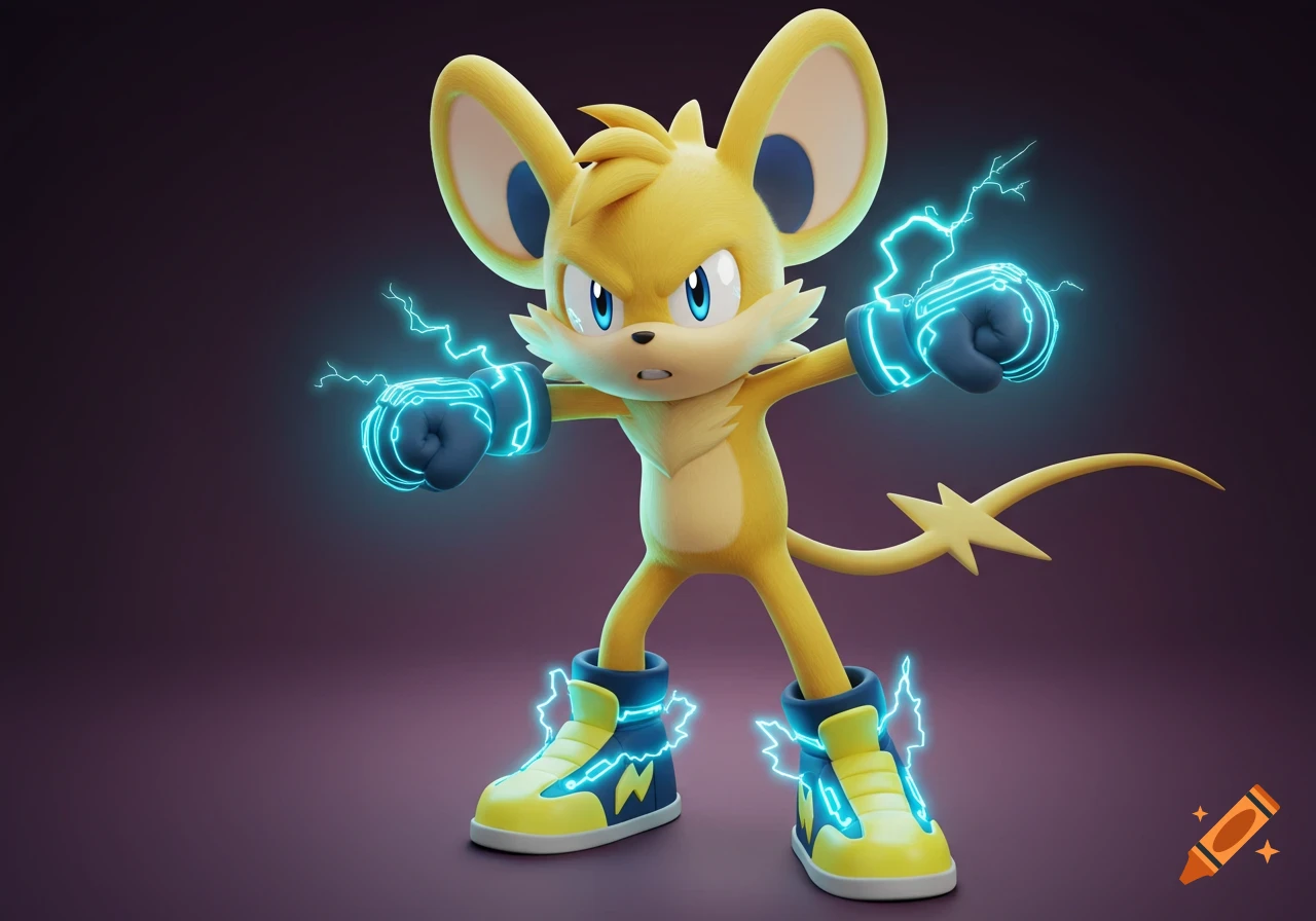 A 3D animated yellow electric mouse character resembling Raichu and Sonic, with lightning arcing from its hands and feet.