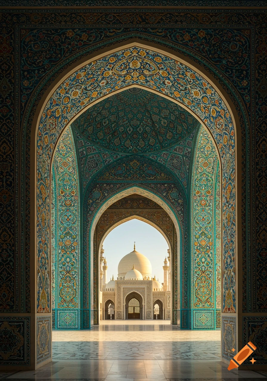 View through a beautifully decorated archway of a mosque's interior, showing intricate teal and gold patterns, looking out to a white-domed mosque.