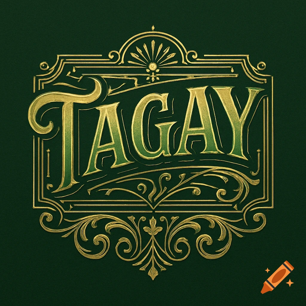 Vintage-style logo with the word "TAGAY" in gold and green, surrounded by ornate golden scrollwork on a dark green background.