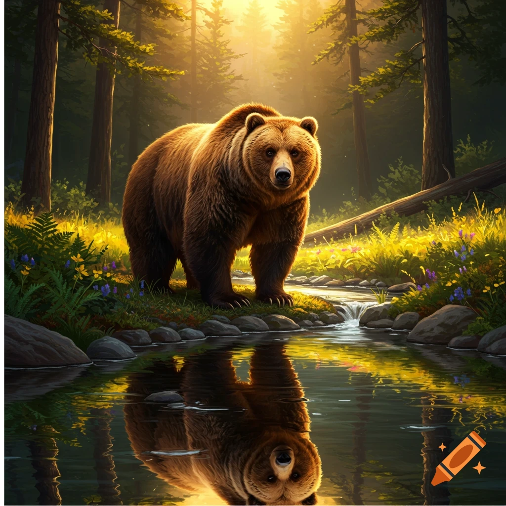 A large brown bear stands on the bank of a sunlit forest stream, looking forward, with its reflection visible in the water.