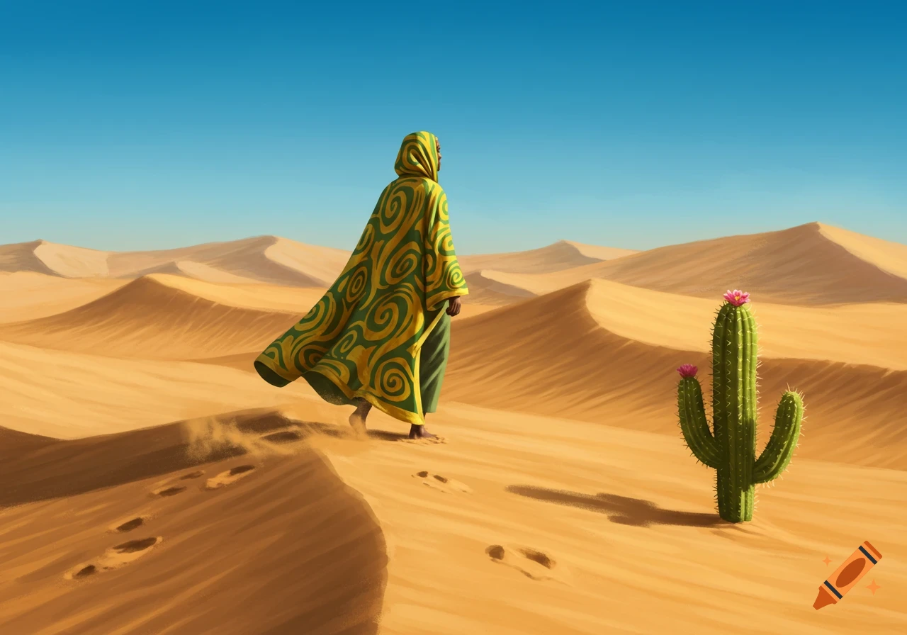 A person in a flowing yellow and green patterned cloak walks barefoot across desert sand dunes, past a flowering cactus. Stylized.