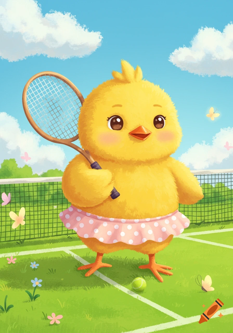 A cute yellow cartoon baby chick in a pink polka dot skirt holds a tennis racquet on a green court under a blue sky.