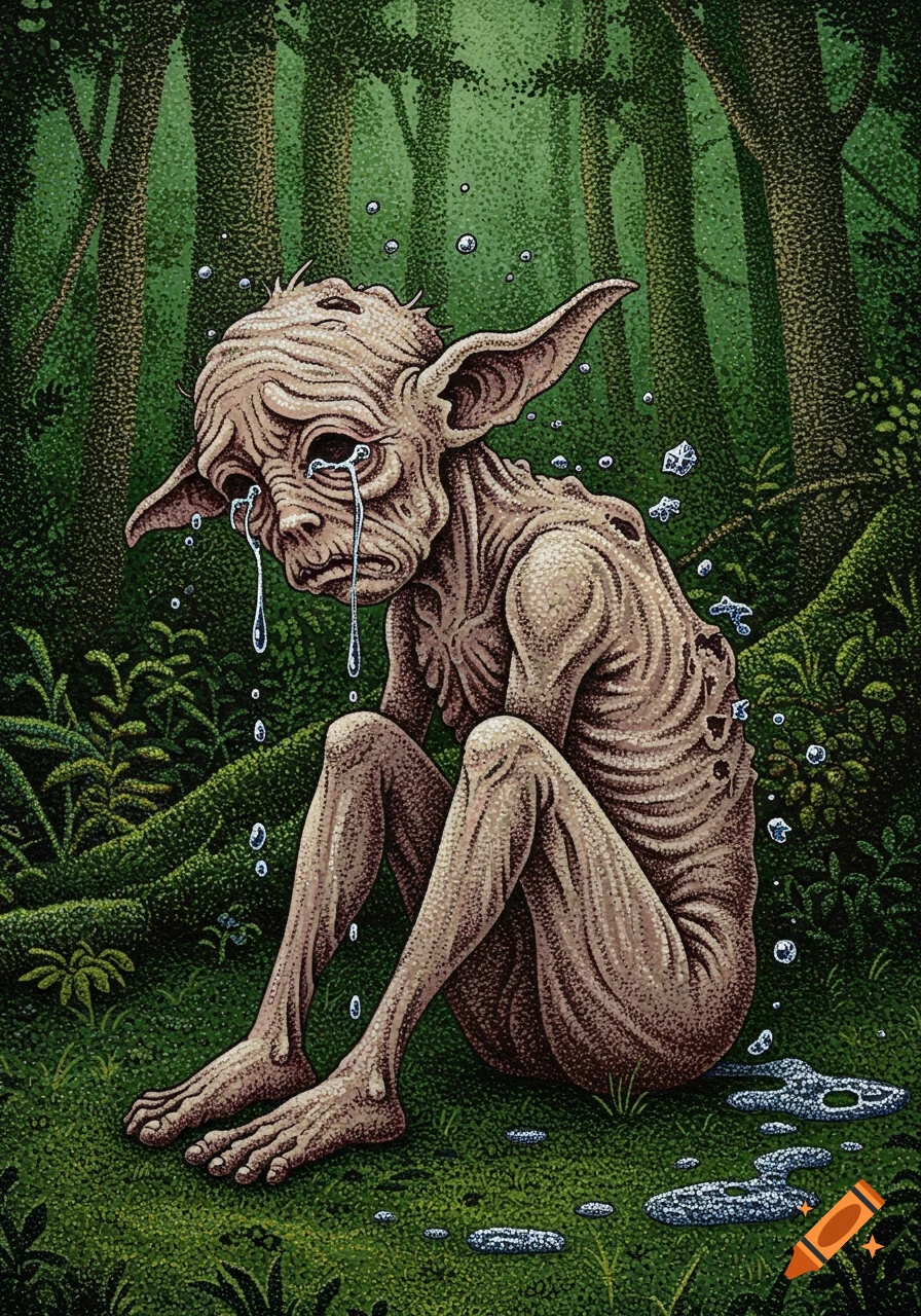 Pointillism illustration of a weeping, emaciated squonk dissolving in its own tears, sitting in a dense green forest.