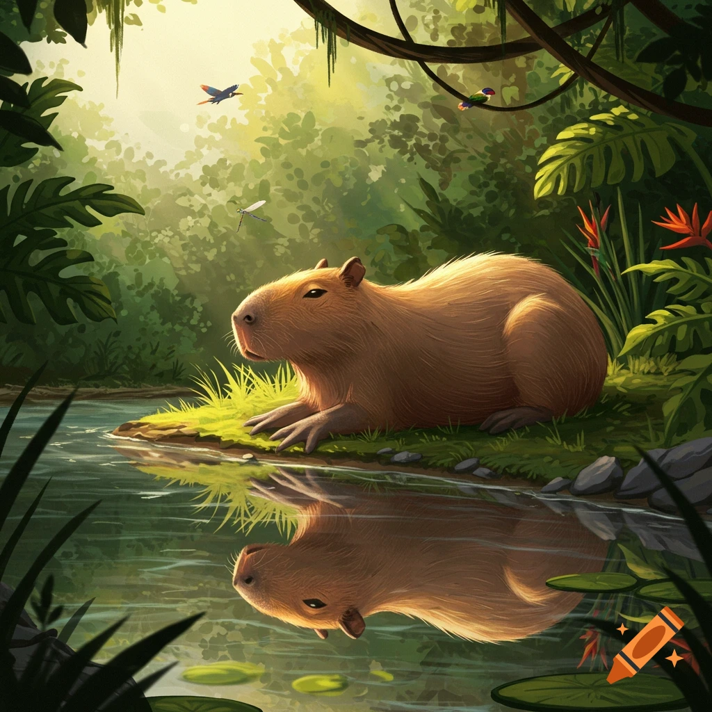 An illustration of a brown capybara resting by a jungle stream, its reflection clear in the water, surrounded by vibrant green foliage.