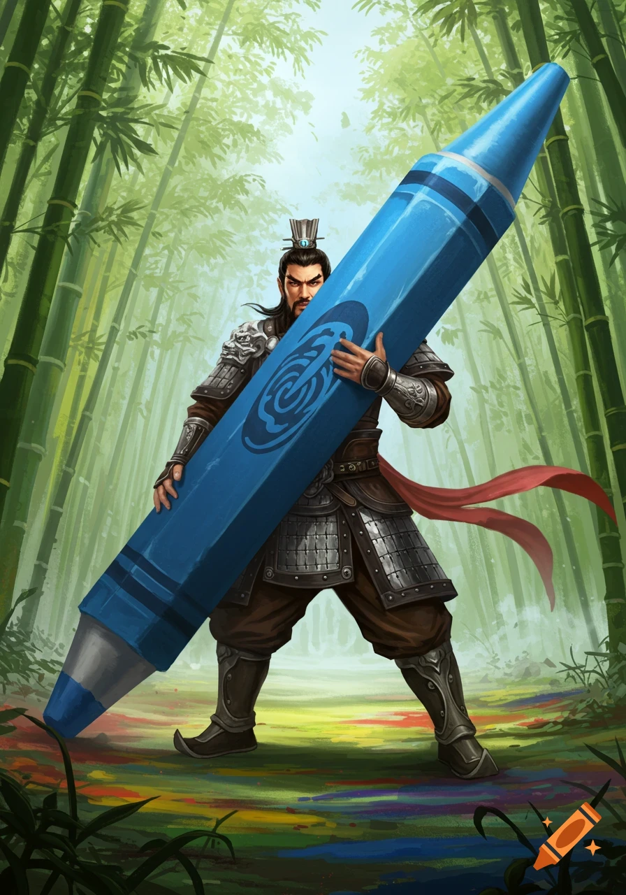An armored Chinese warrior, similar to Lu Bu, wields a giant blue crayon in a bamboo forest with colorful ground marks.