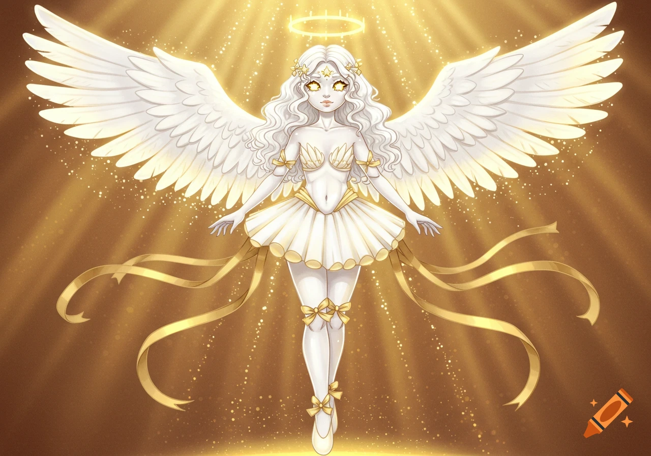 Anime-style angelic figure with white hair, gold eyes, white wings, and a halo, wearing a white tutu and gold top, surrounded by golden light.