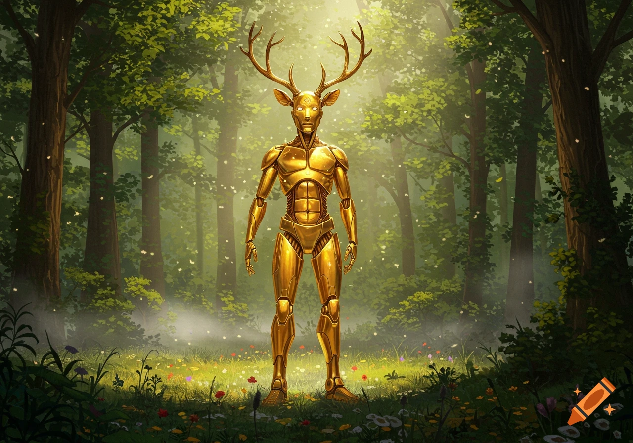 A golden metal humanoid robot with deer antlers stands in a sunlit forest clearing with wildflowers.