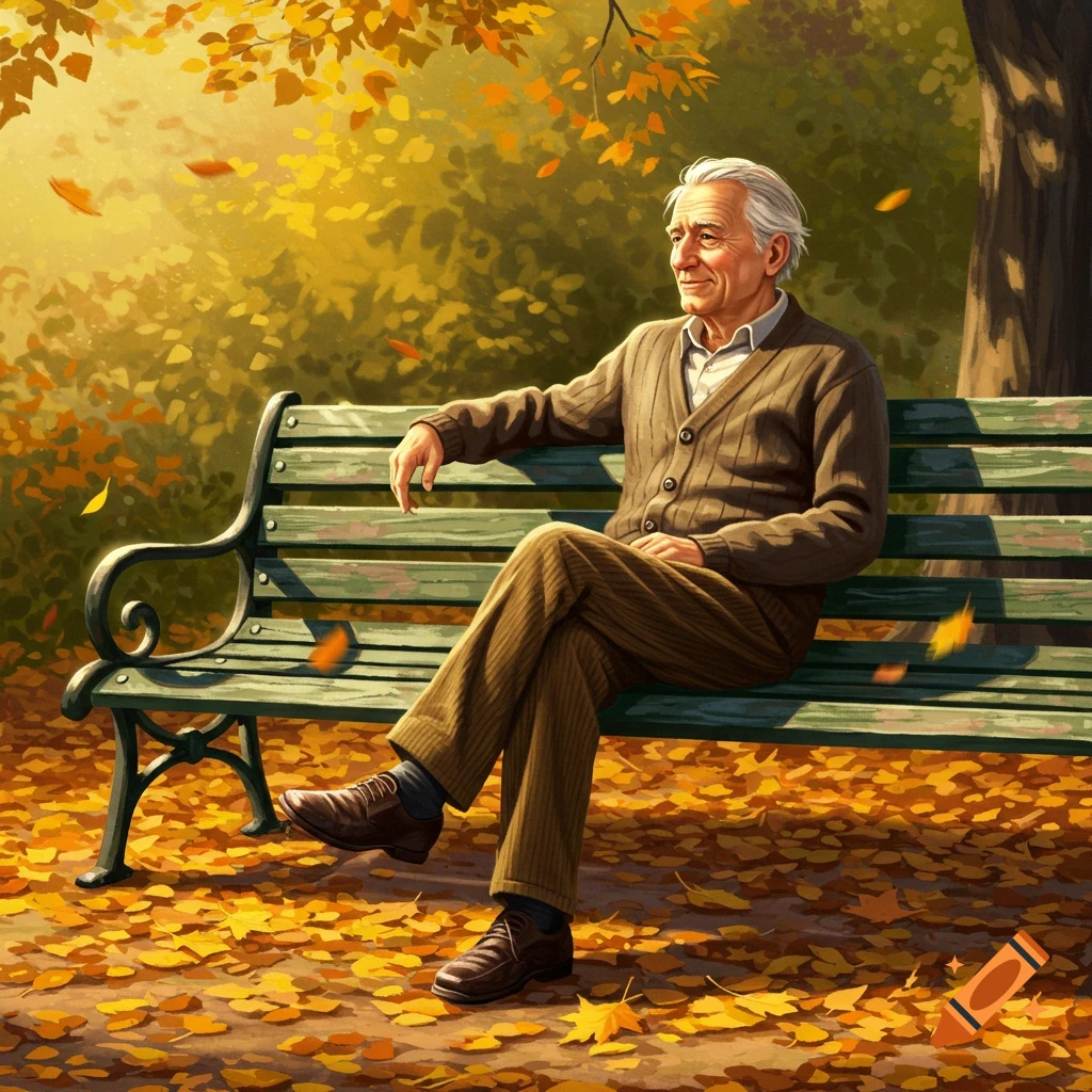 Elderly man with white hair sitting on a green park bench surrounded by golden autumn leaves.