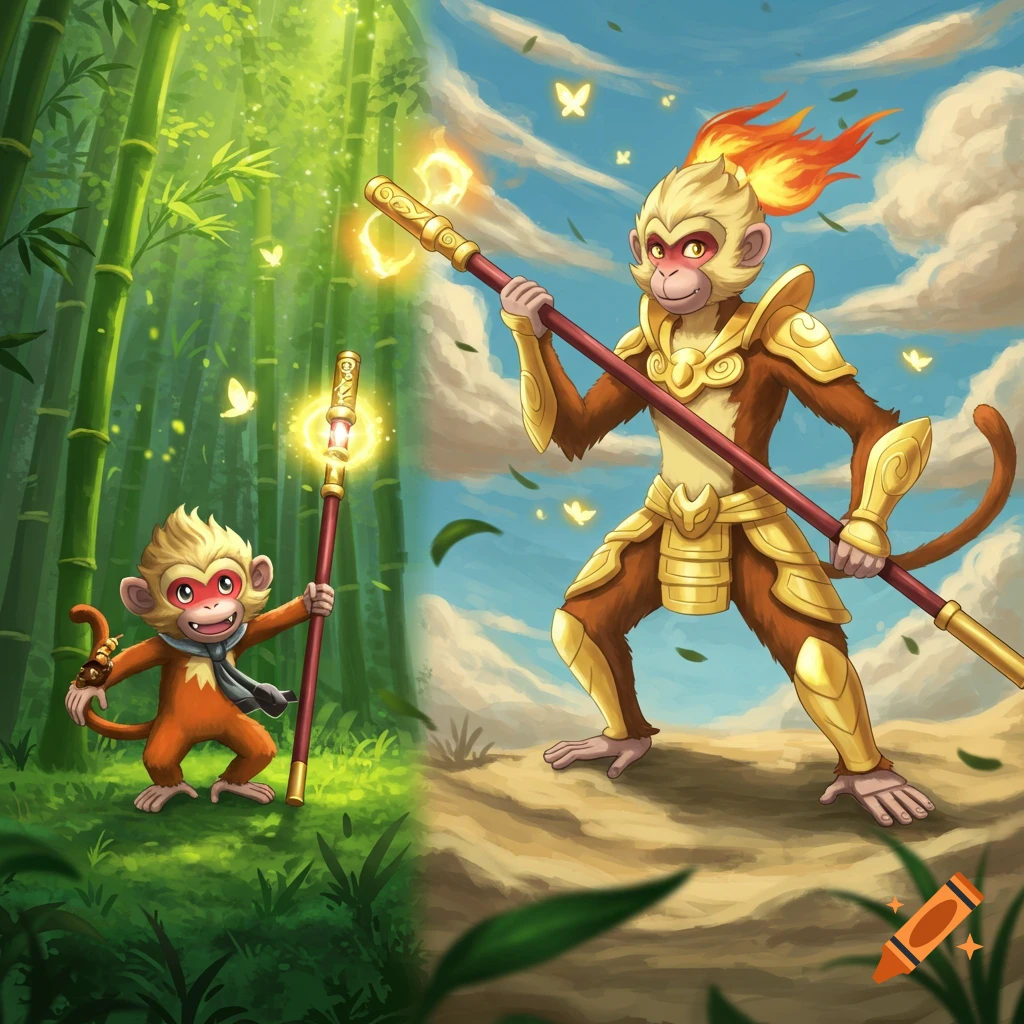 Two cartoon Wukong-like monkeys, representing an evolution: a smaller one in a bamboo forest and a larger armored one on a hill, both holding staffs.