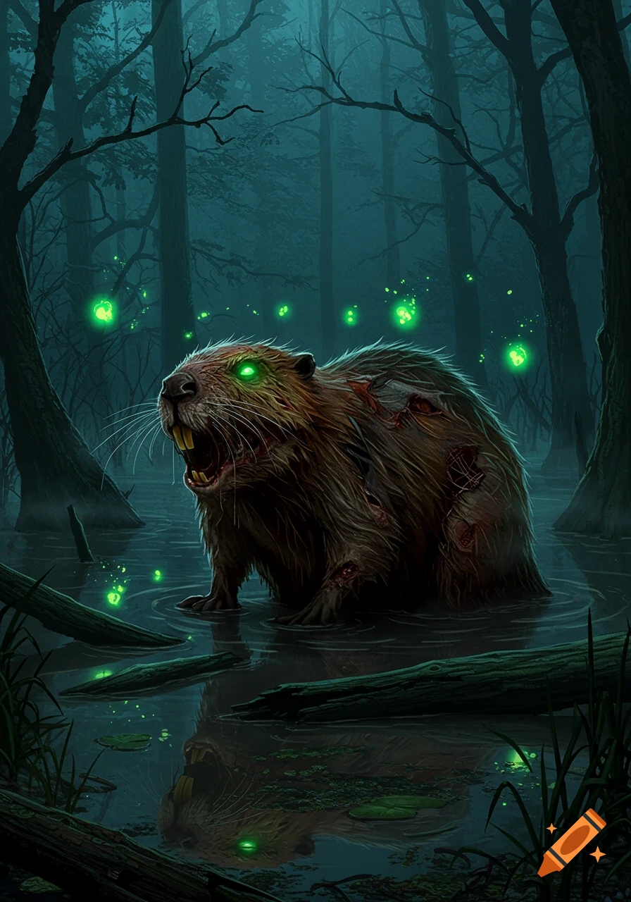 A ferocious zombie beaver with glowing green eyes and wounds stands in a dark, misty swamp surrounded by trees and green orbs.