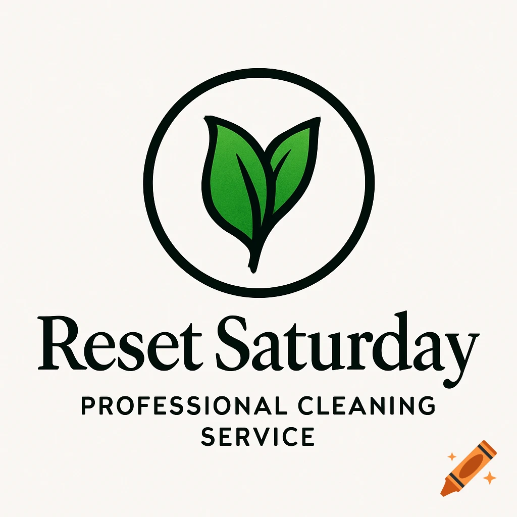Logo for Reset Saturday Professional Cleaning Service, featuring two green leaves inside a black circle above the text.