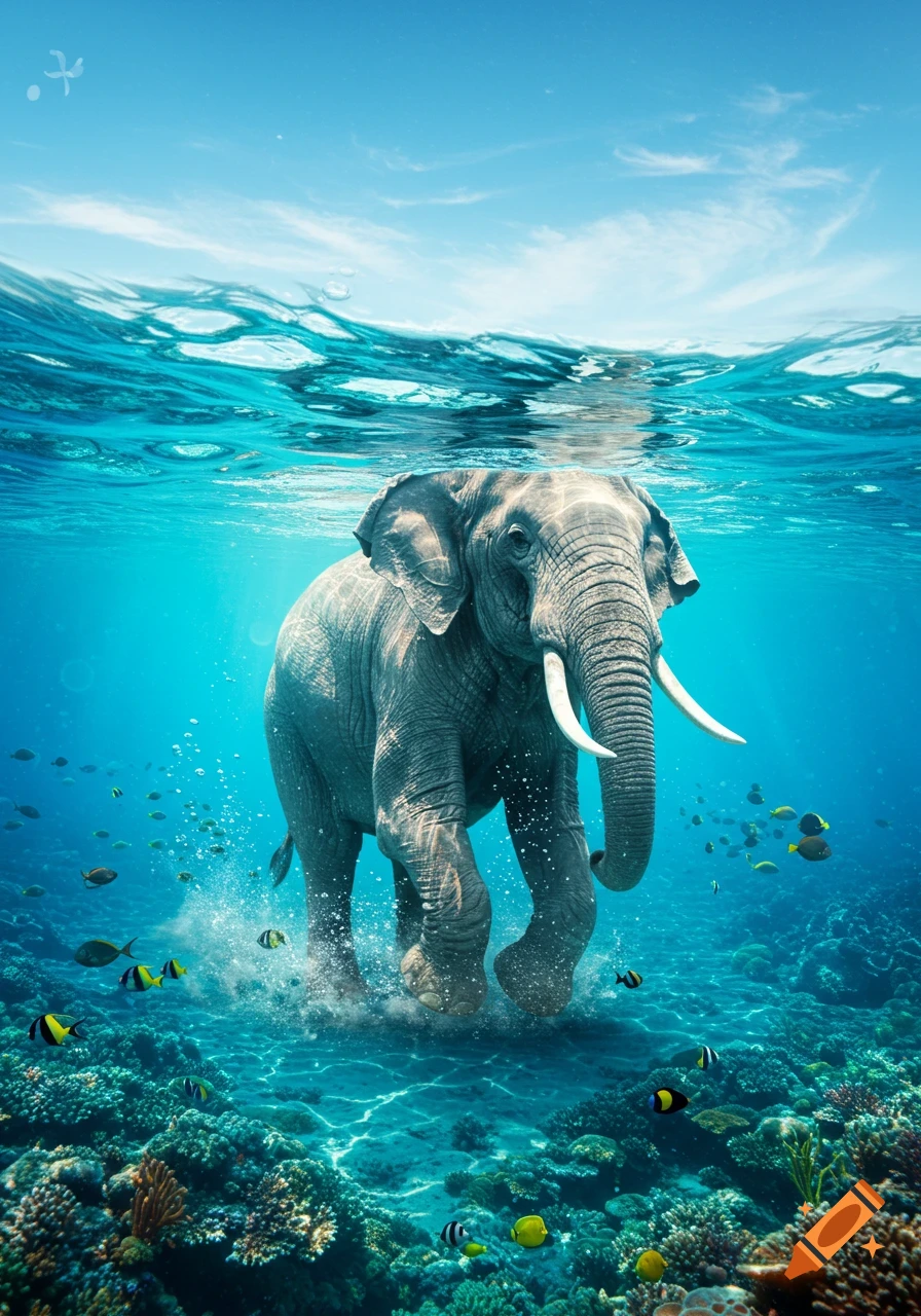 A majestic elephant walks on the coral seafloor under clear blue ocean water with fish, sunlight visible from above.