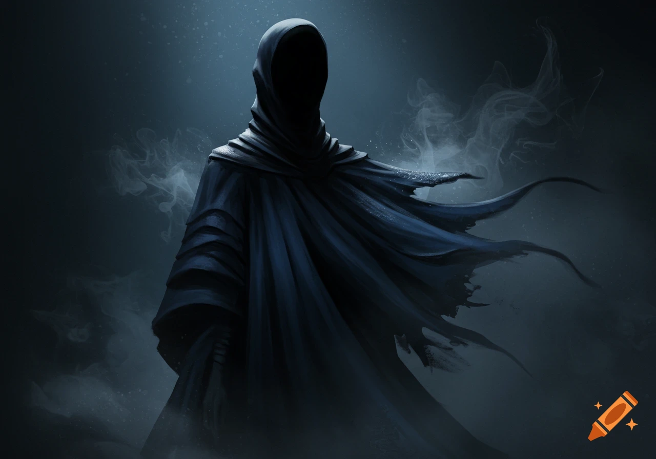 A dark, cloaked, faceless figure stands amidst swirling mist in a mysterious, dark blue setting.