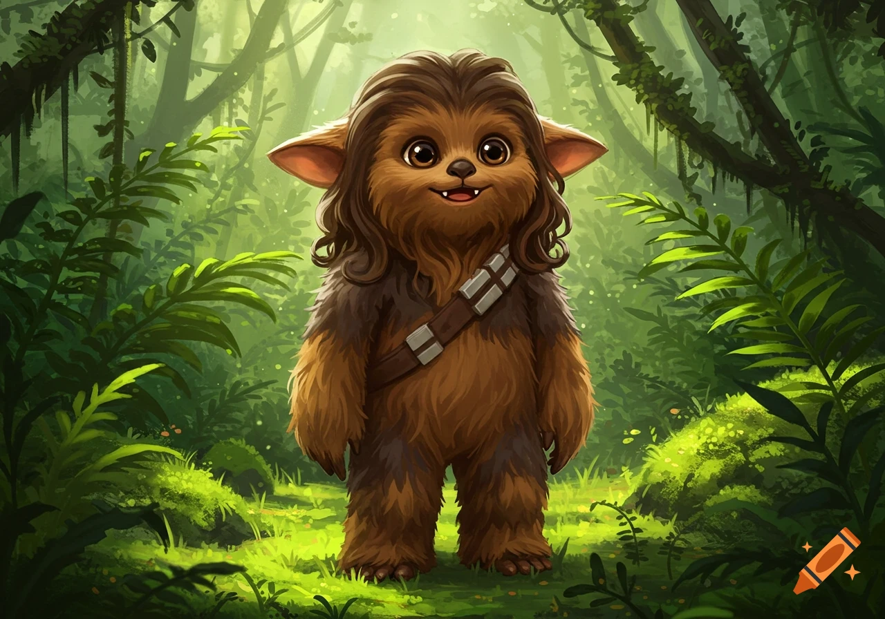 A cute, smiling, furry creature with big eyes, resembling a baby Wookiee, stands in a lush green cartoon jungle.