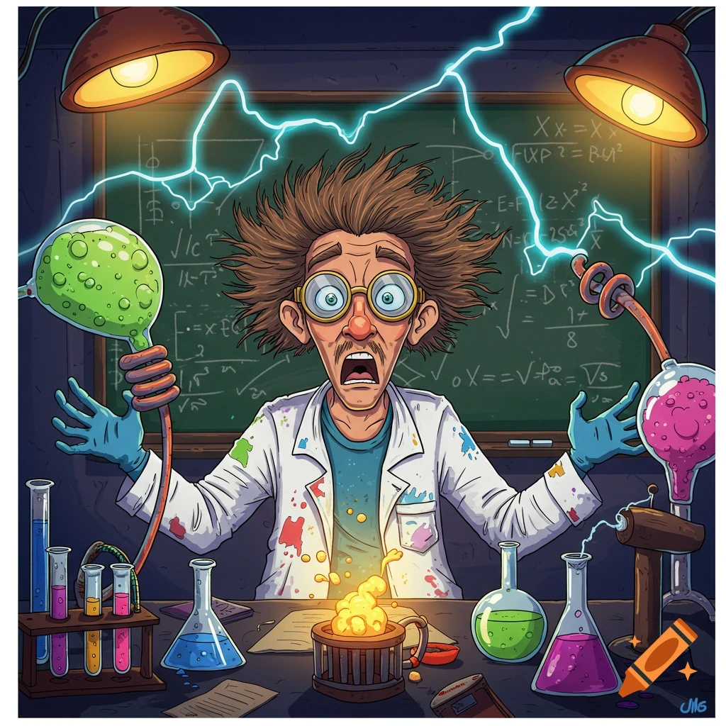 Cartoon mad scientist with wild hair and shocked expression in a lab with bubbling chemicals and electricity.