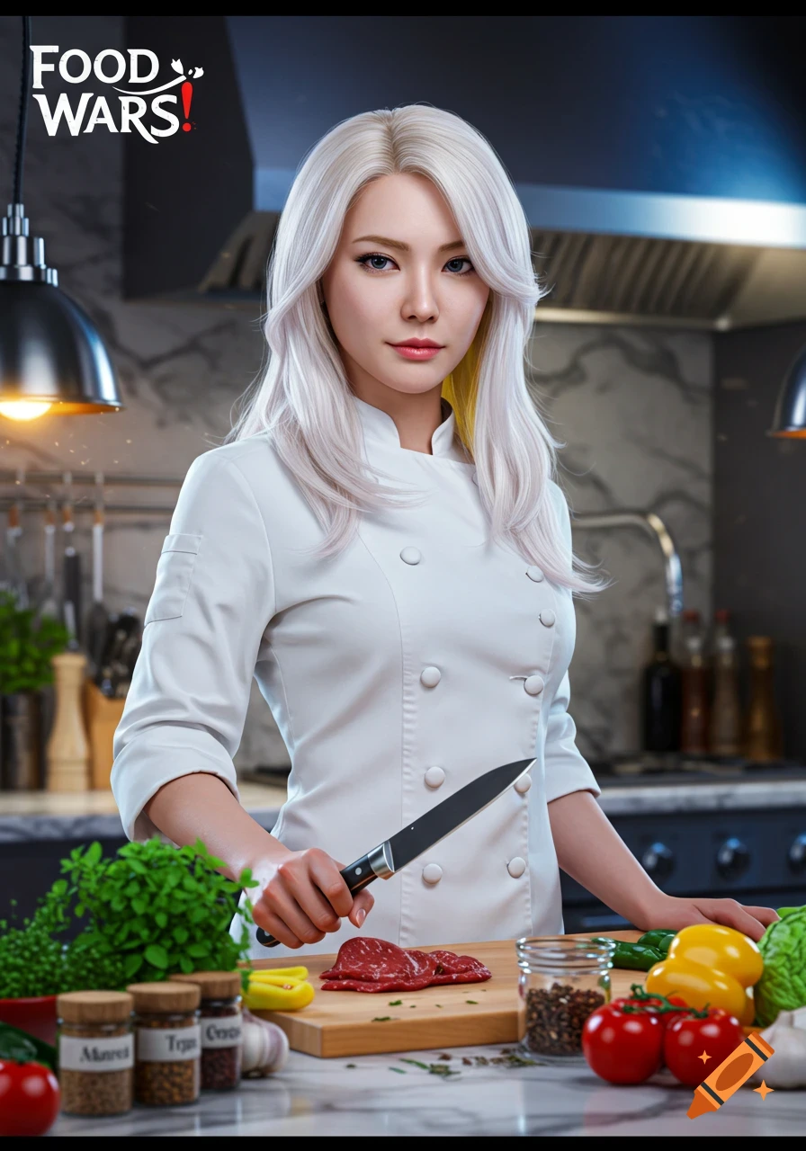 A photorealistic depiction of Alice Nakiri, a chef from Food Wars, holding a knife in a kitchen with raw meat and vegetables.