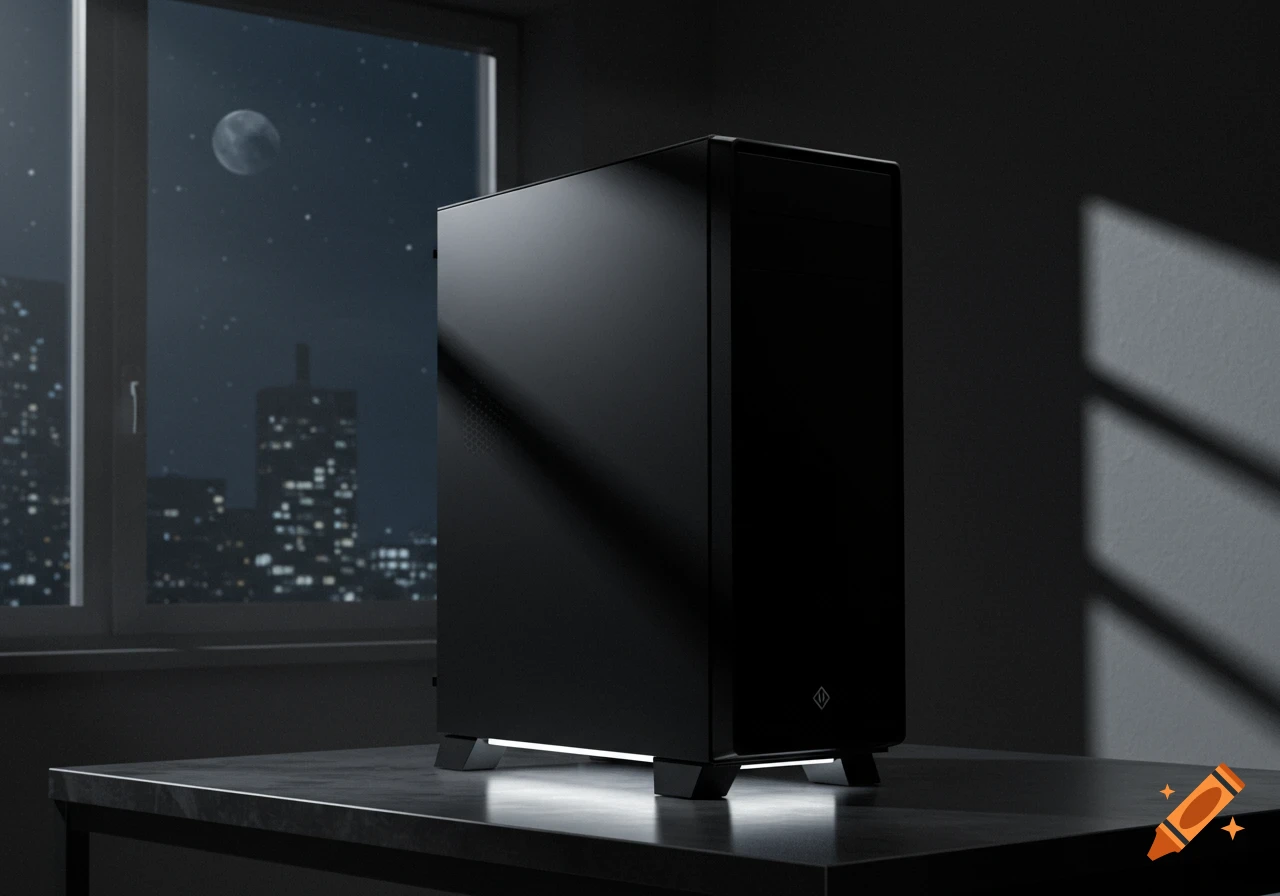 A sleek, all-black PC case with a glowing white LED strip sits on a dark table, with a city skyline and moon visible through a window at night.