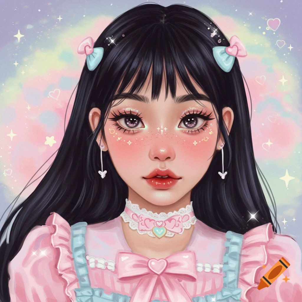 Stylized portrait of a girl with black hair, large purple eyes, pink makeup, wearing a pink and blue frilly outfit.