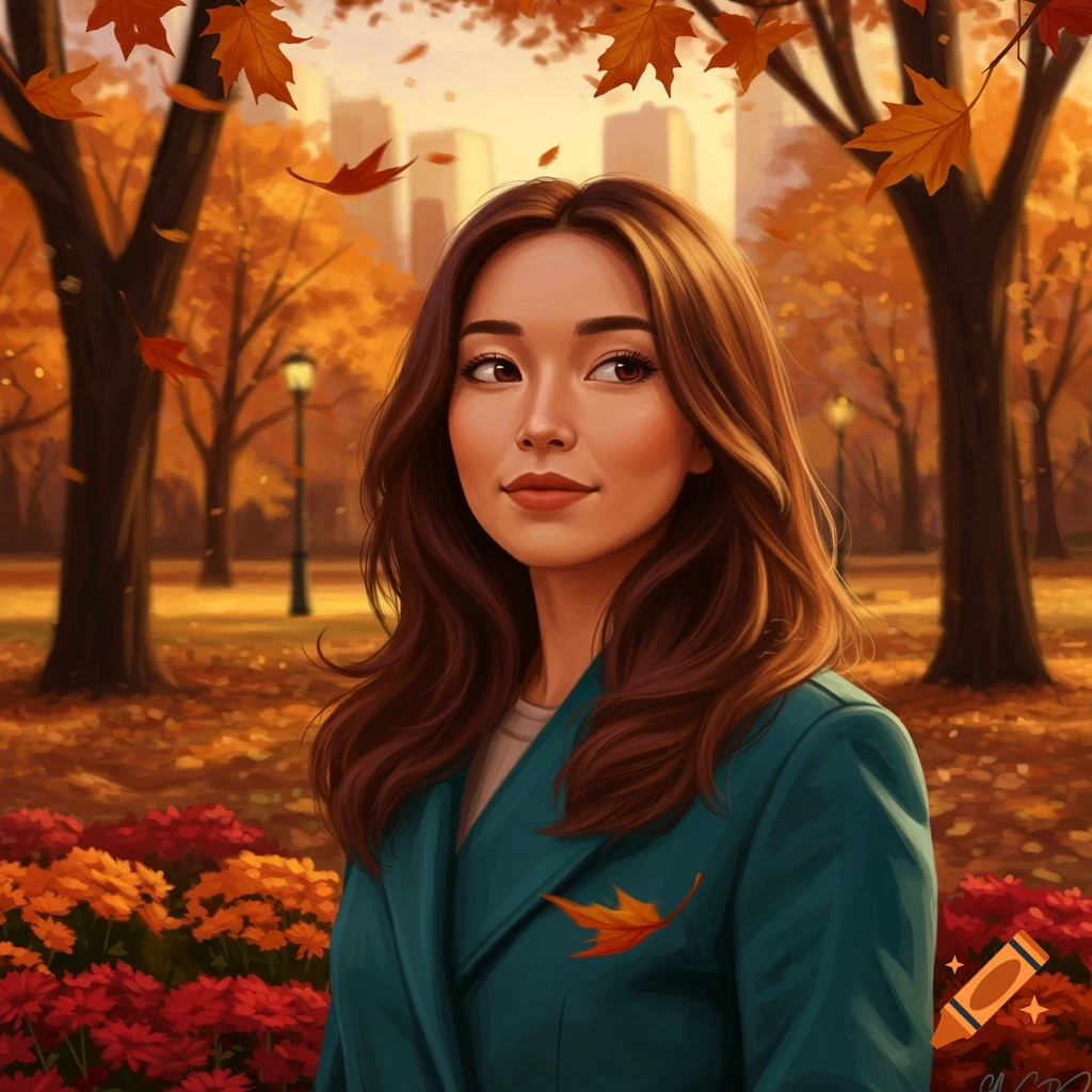 Digital art portrait of a woman with long brown hair in a teal blazer, standing in an autumn park with falling leaves and city buildings.