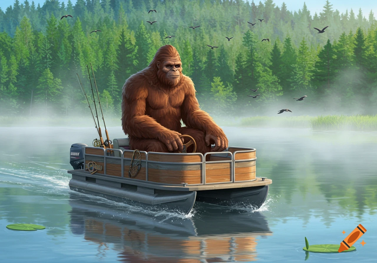 A furry brown Bigfoot, resembling an ape, drives a pontoon boat with fishing rods on a misty lake surrounded by green pine trees and flying birds.