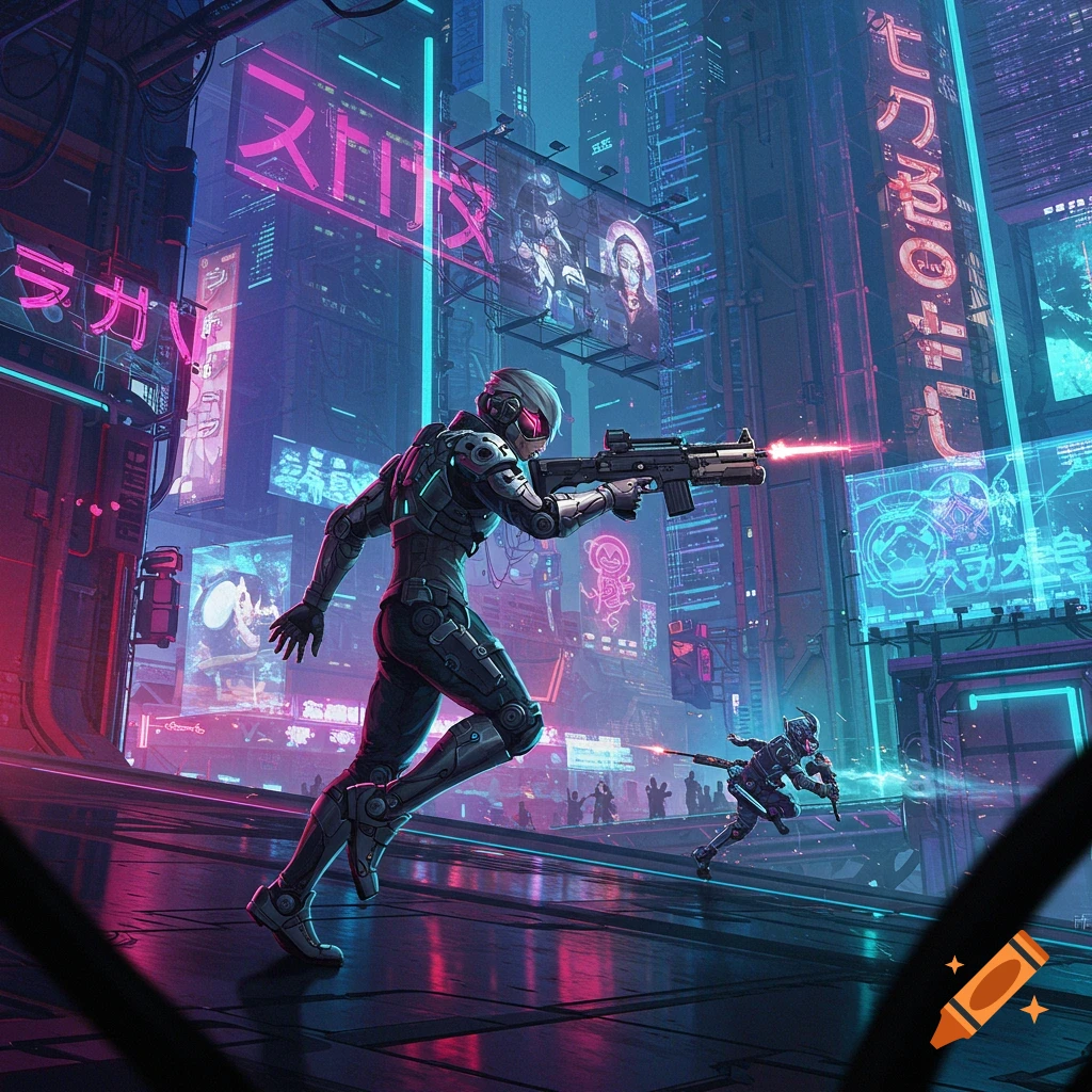 Two armored figures with futuristic weapons run through a vibrant neon-lit cyberpunk city at night, engaging in action.