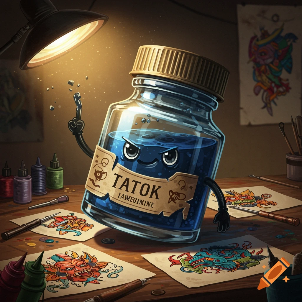 A cartoonish blue tattoo ink bottle character on an artist's desk, giving the middle finger under a bright lamp, surrounded by tattoo designs and equipment.