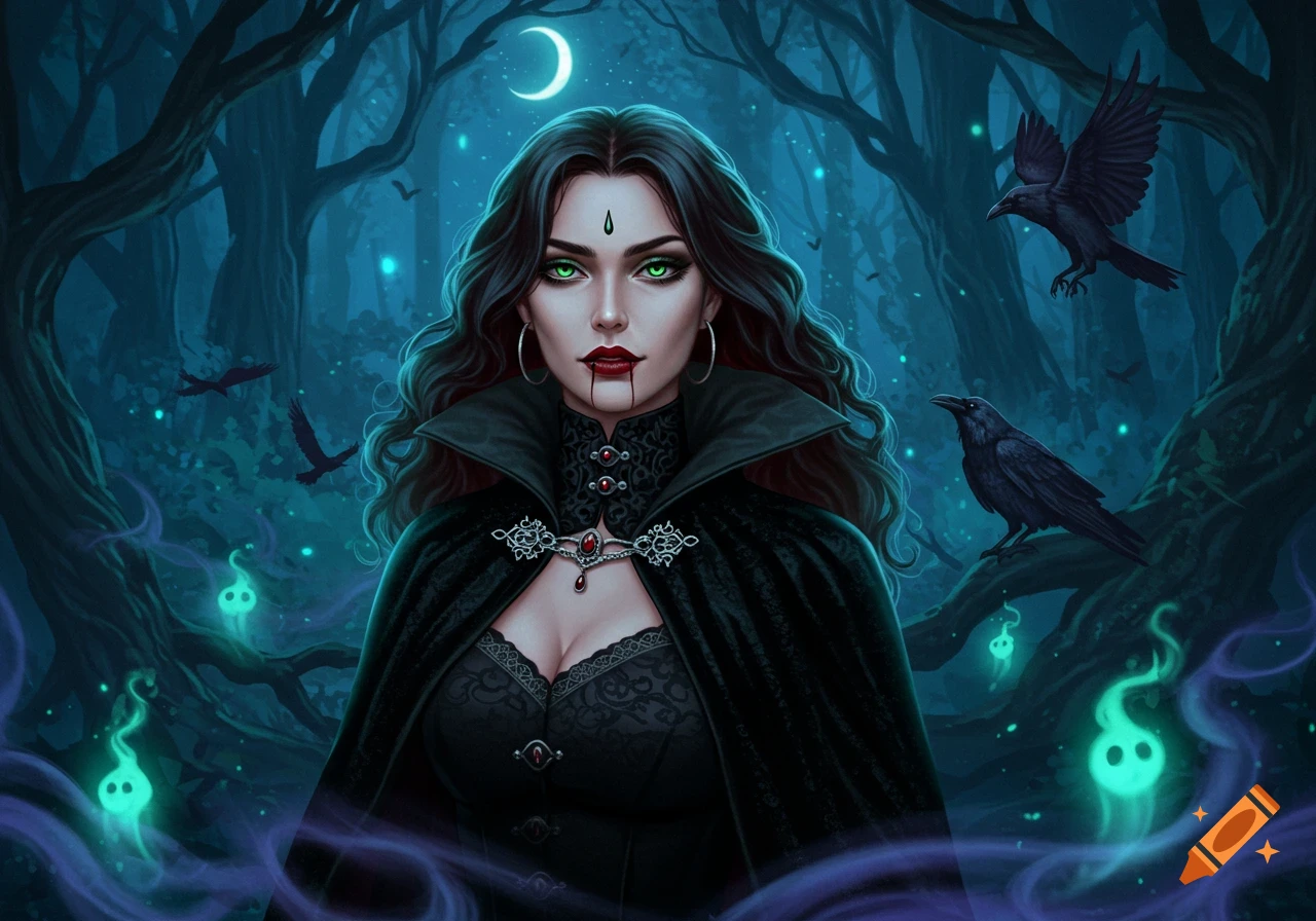 Gothic witch with green eyes and blood-red lips in a dark forest with glowing spirits and ravens under a crescent moon.