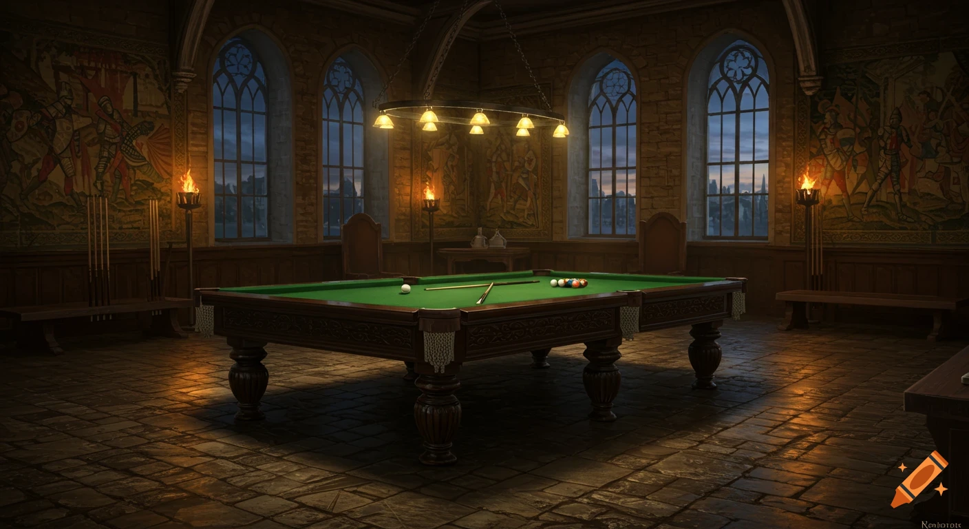 A medieval chamber with a billiard table, gothic windows overlooking a landscape, tapestries, and torch sconces.