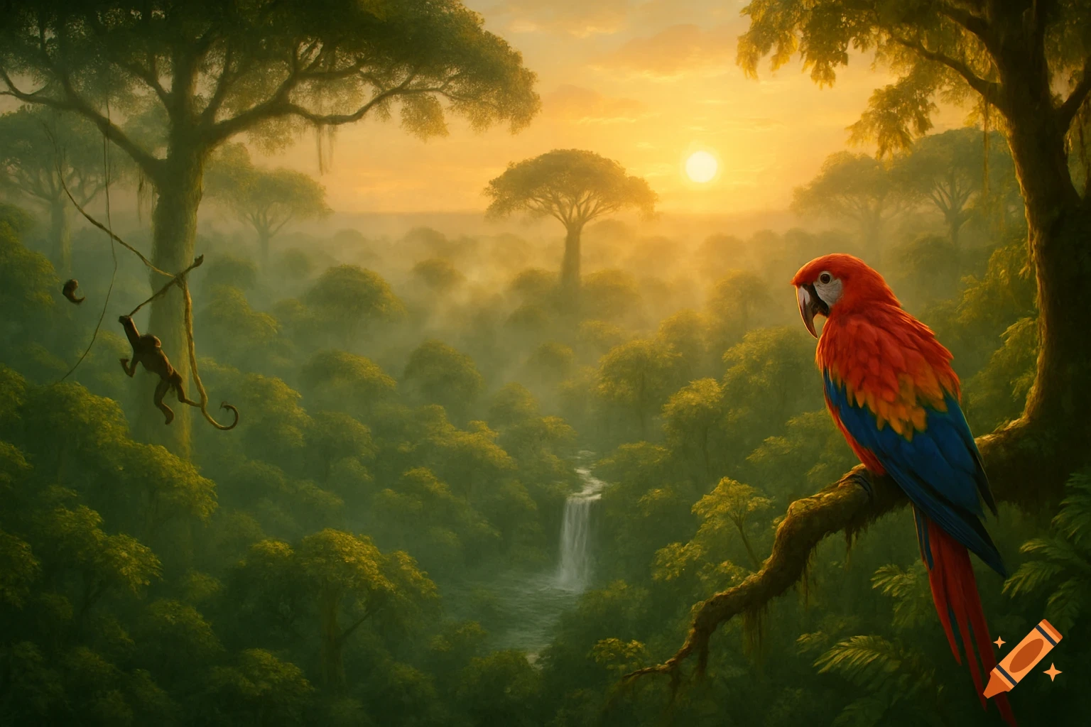 A vibrant rainforest scene at sunset with a red and blue parrot on a branch, a monkey swinging on a vine, and a waterfall in the distance.