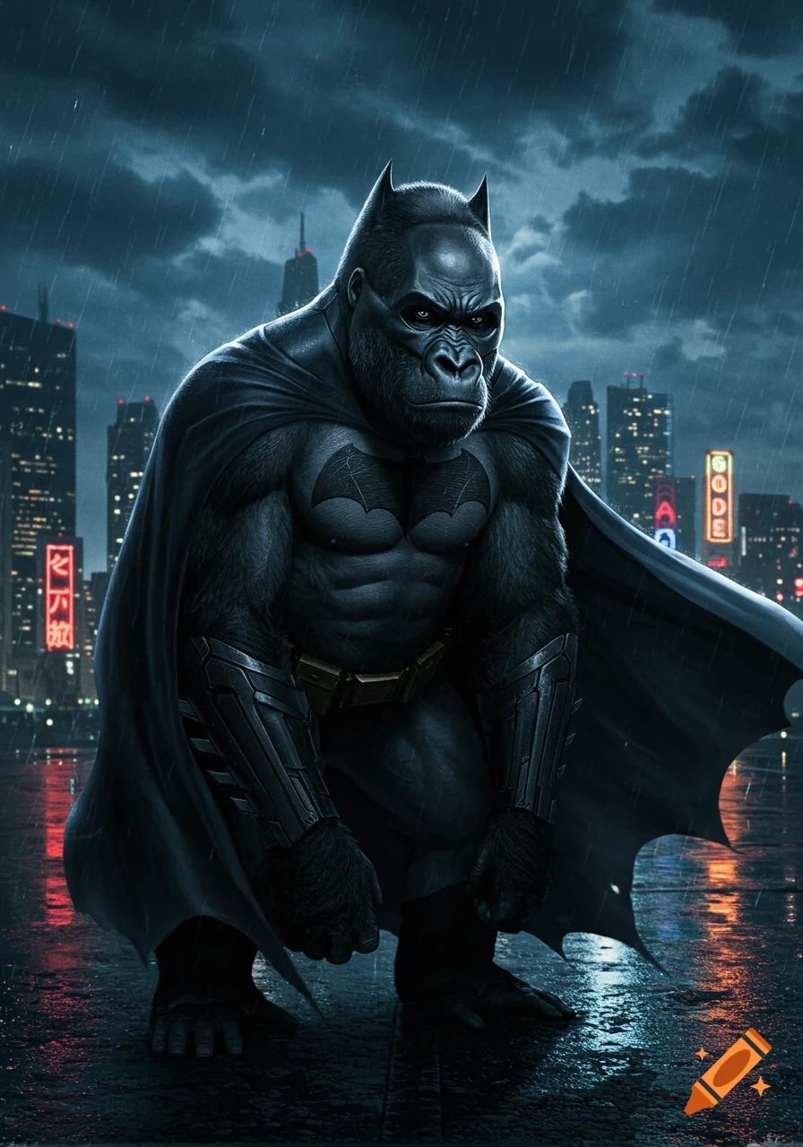 A muscular gorilla dressed as Batman crouches in a dark, rainy city street at night, illuminated by neon signs.