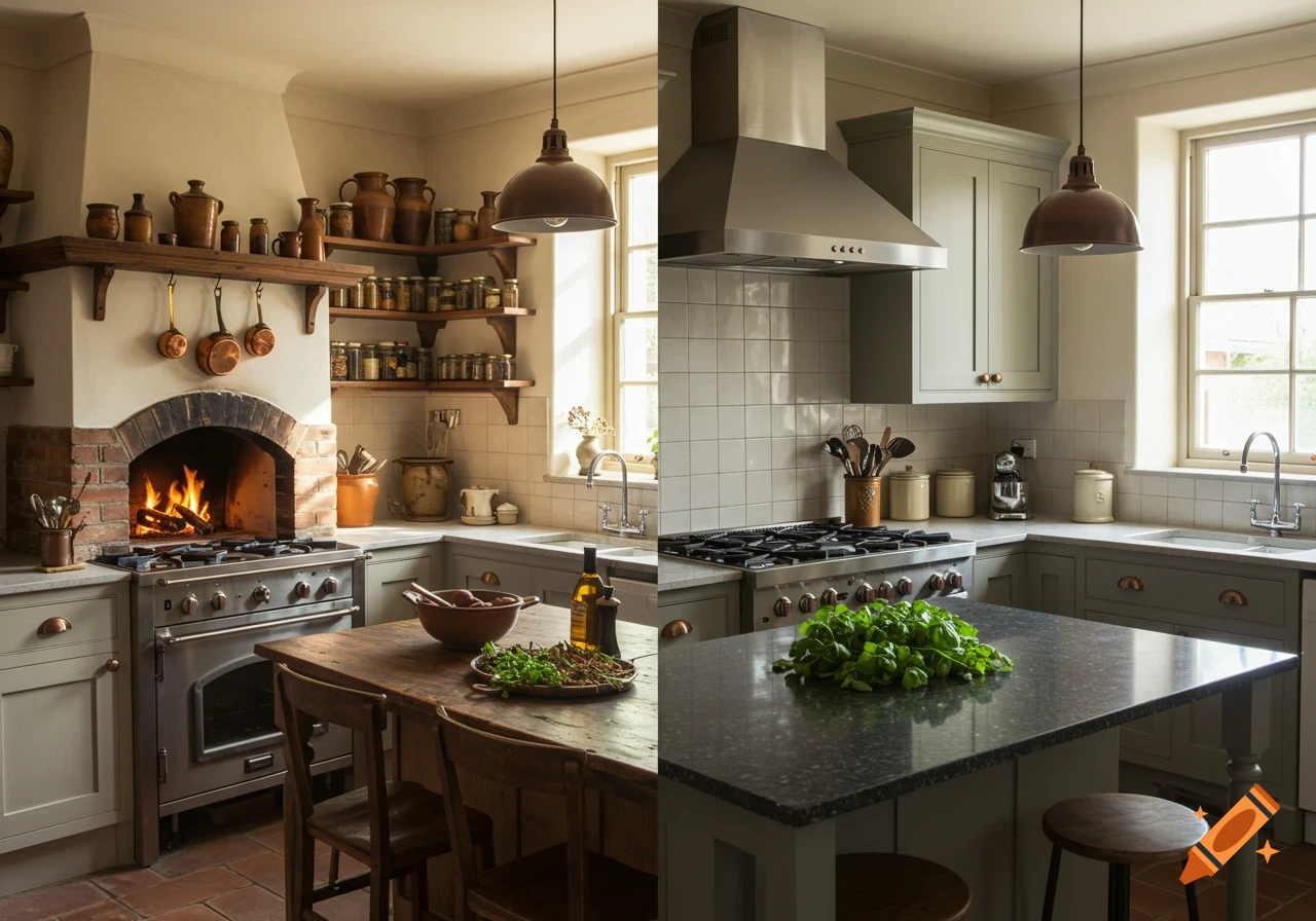 Photorealistic split kitchen with a rustic side featuring a brick oven and a modern side with a stainless steel range hood, both well-lit.