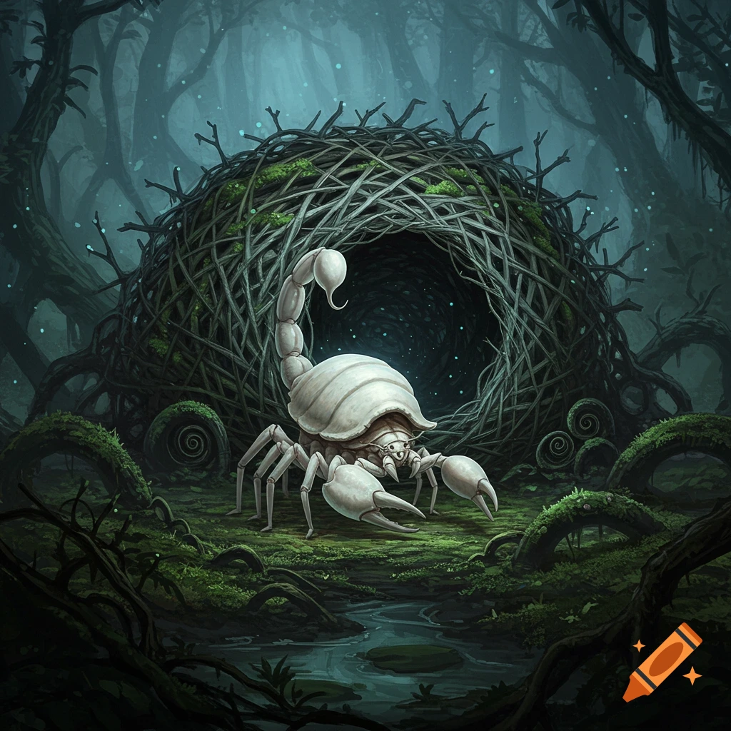 A white scorpion-like creature with a shell on its back stands in a mystical, dark forest in front of a giant nest made of twisted branches, with a small stream flowing in the foreground.