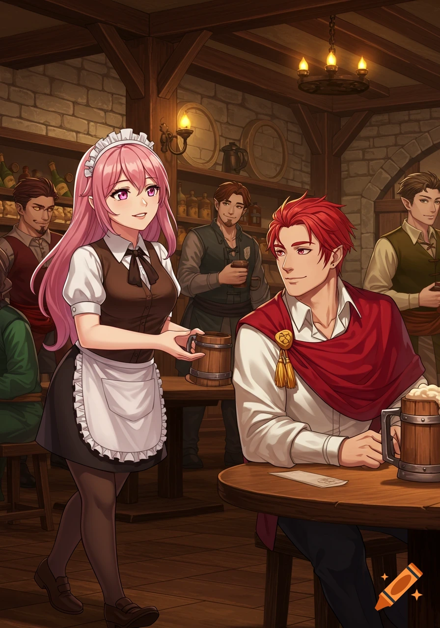 Anime style image of a pink-haired waitress serving a drink to a red-haired nobleman in a medieval tavern.