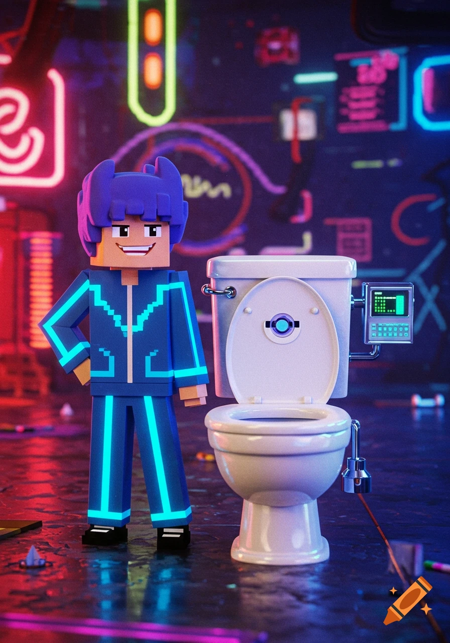 A blocky character in a blue and neon outfit with purple hair stands beside a white toilet with a digital screen in a neon-lit cyberpunk setting.