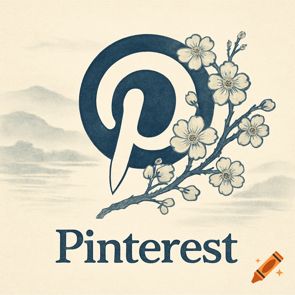 Stylized Pinterest logo in a Japanese art style with cherry blossoms and misty mountains in the background.