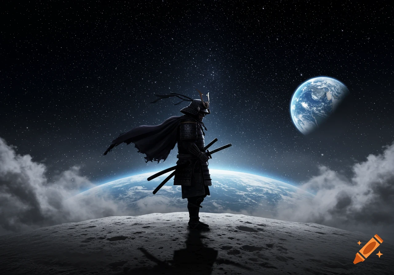 A samurai warrior in armor and cape stands on a cratered moon surface, looking at Earth in a star-filled space.