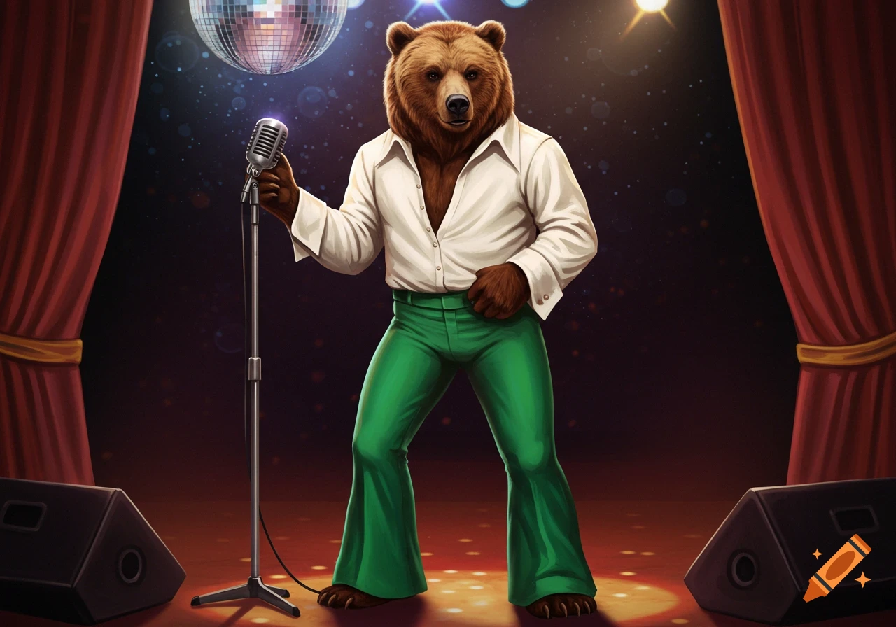 A brown anthropomorphic bear wearing a white disco shirt and green bell-bottoms sings into a microphone on a stage with a disco ball.