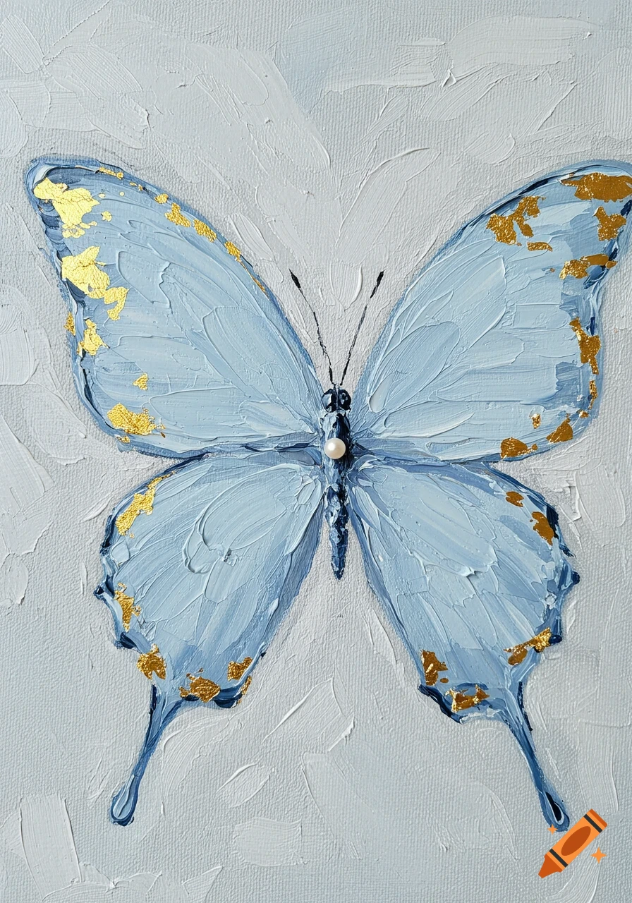 Textured oil painting of a light blue butterfly with gold leaf accents and a white pearl on its body, against a white background.