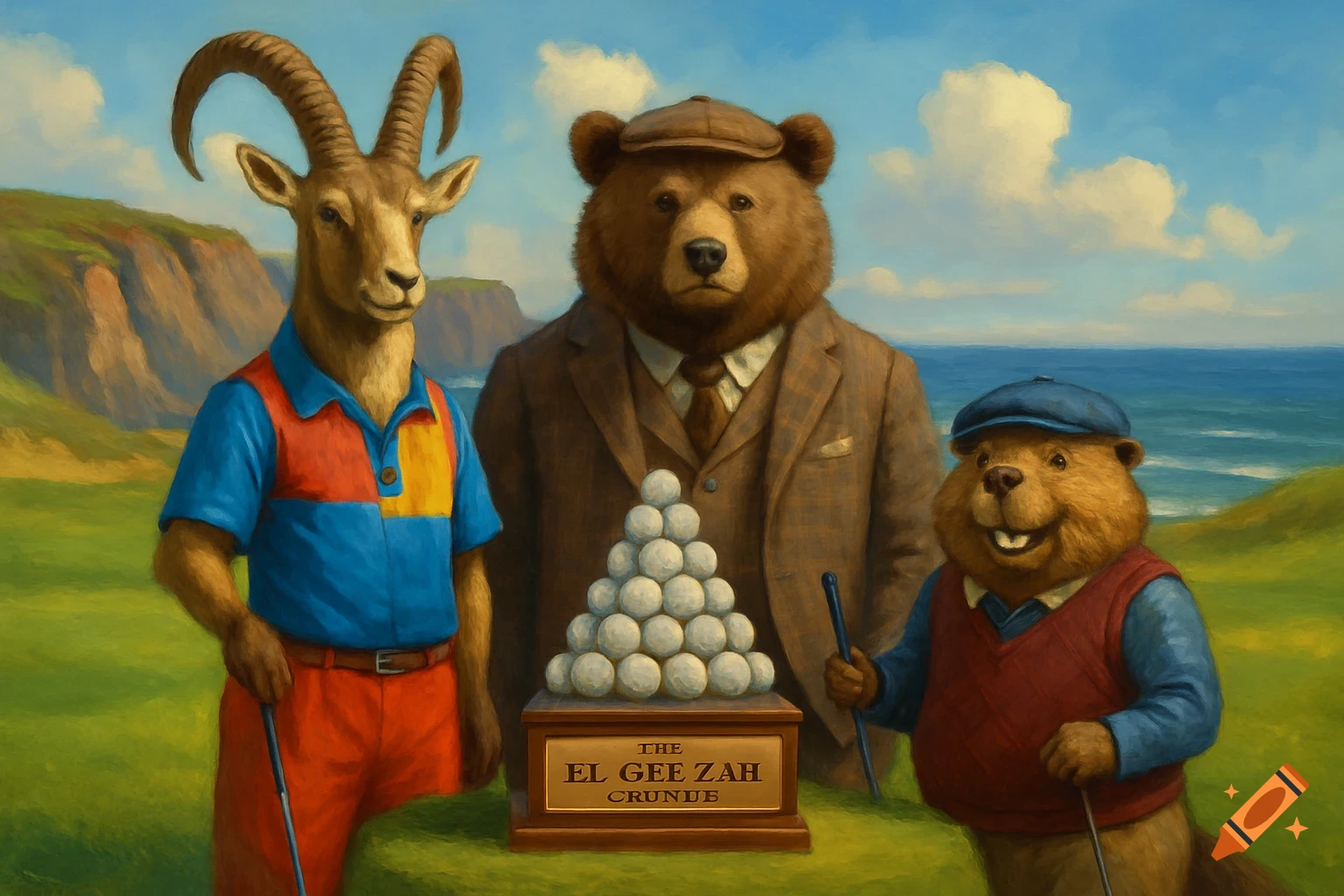 Anthropomorphic ibex, bear, and beaver in golf attire stand on a coastal golf course around a trophy made of golf balls in a painterly style.