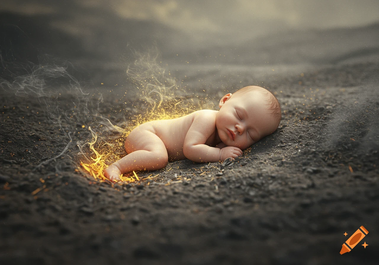 A sleeping baby lies naked on dark, rocky ground, illuminated by golden sparks and wisps of smoke in a dramatic setting.