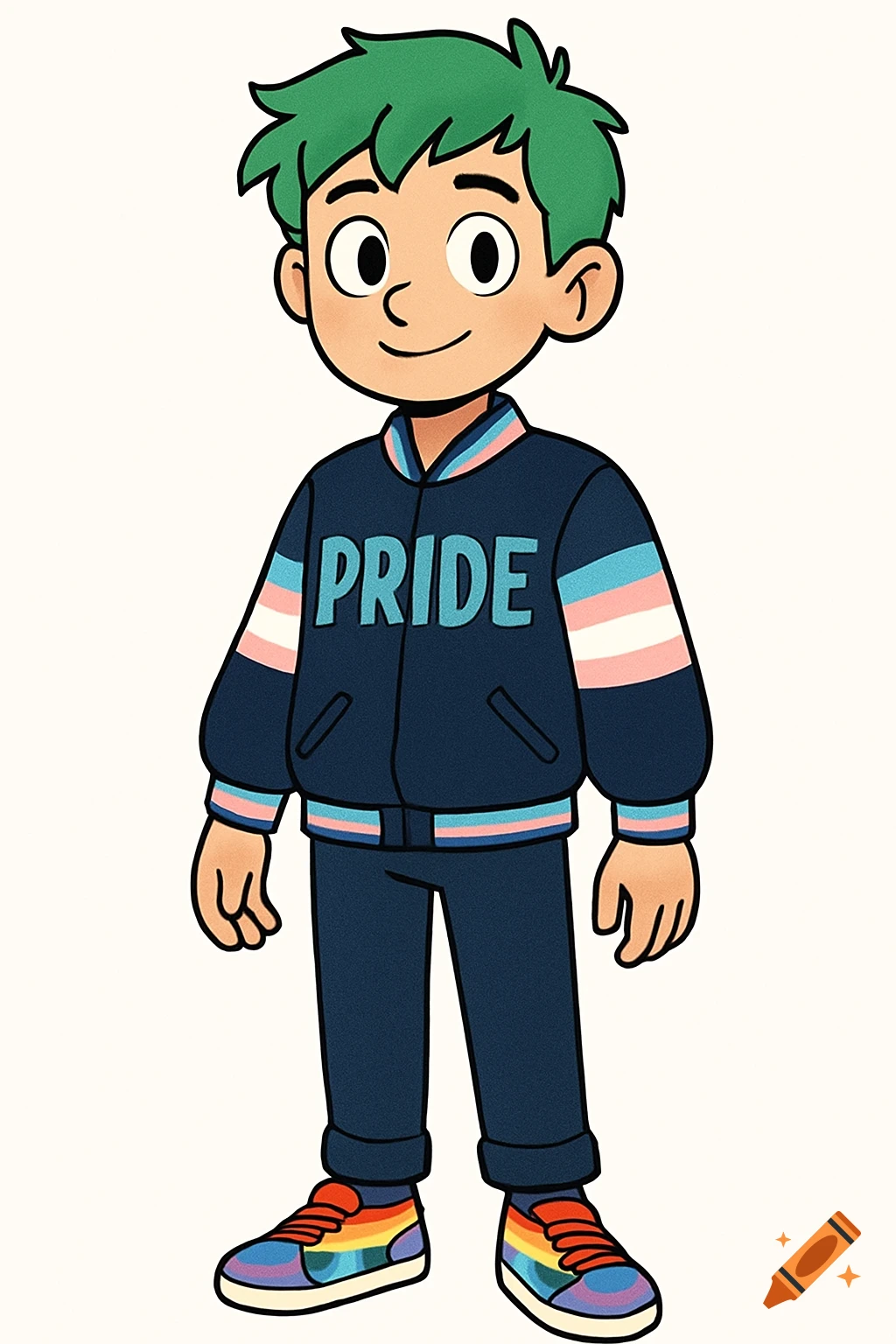Cartoon illustration of a young person with green hair wearing a dark blue 'PRIDE' jacket with trans flag stripes and rainbow shoes.