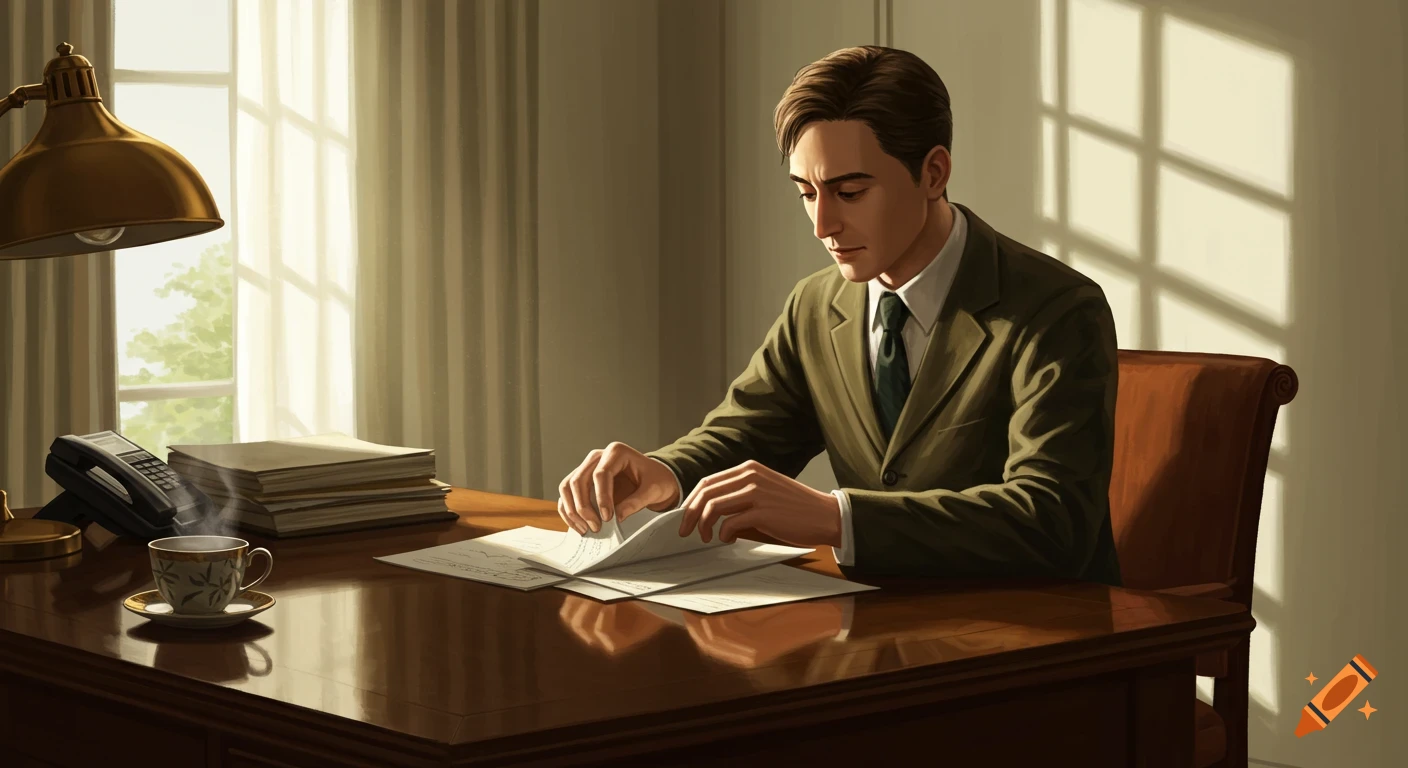 A man in a suit sits at a wooden desk, reviewing documents under natural light, with a lamp, phone, and steaming tea cup nearby.