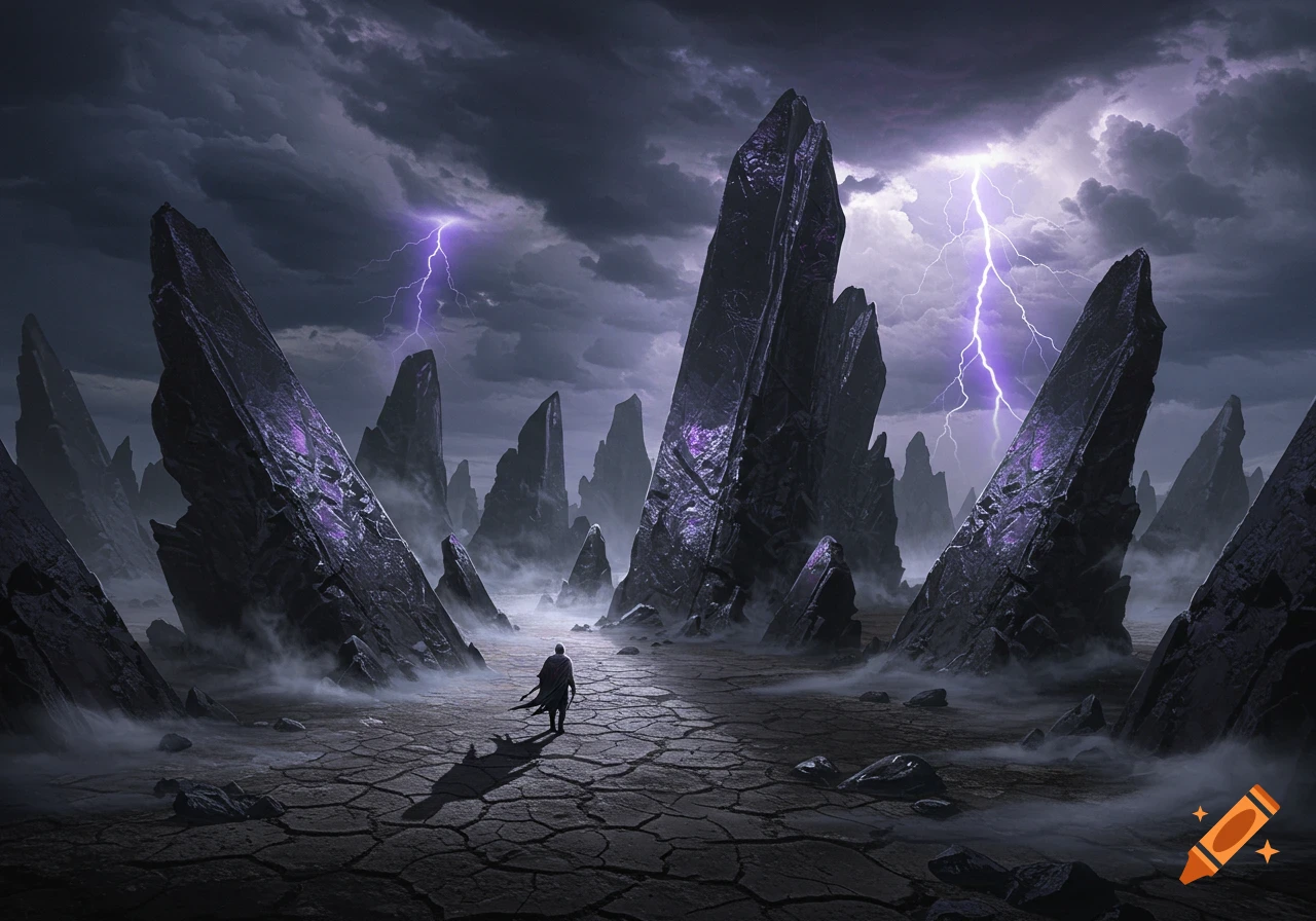 A lone figure walks across a cracked, desolate landscape surrounded by jagged, dark rock formations under a stormy sky with purple lightning. Fantasy art style.
