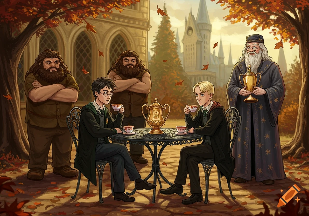 Harry Potter and Draco Malfoy drink tea at an outdoor table, while Hagrid and Dumbledore stand behind them. Hogwarts castle is in the background with autumn leaves falling. Dumbledore holds a golden trophy.
