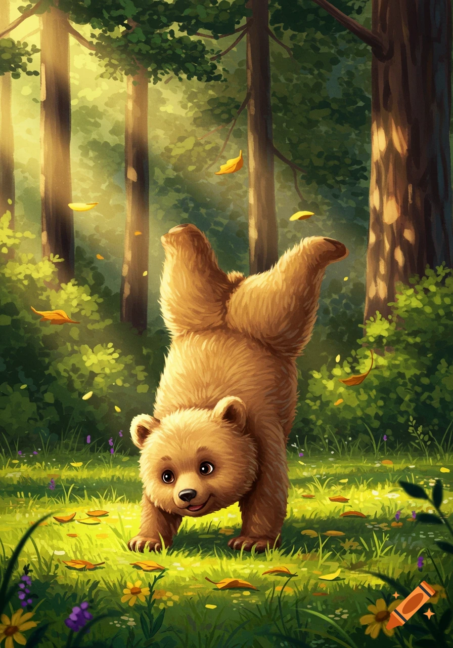 A cute, cartoon bear cub does a handstand in a sunny forest clearing with fallen leaves.