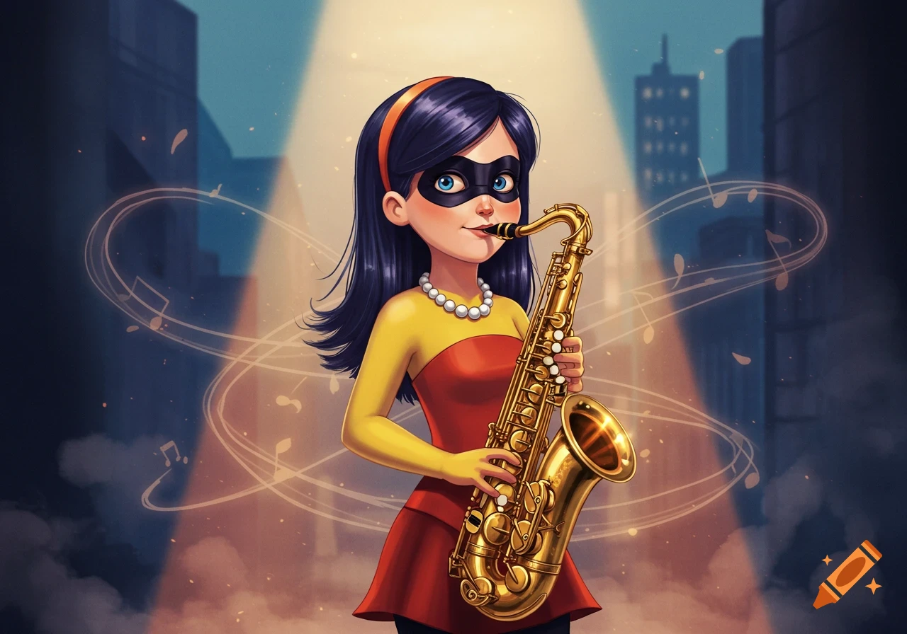 Cartoon illustration of Violet Parr from The Incredibles in a red and yellow dress, playing a golden saxophone.