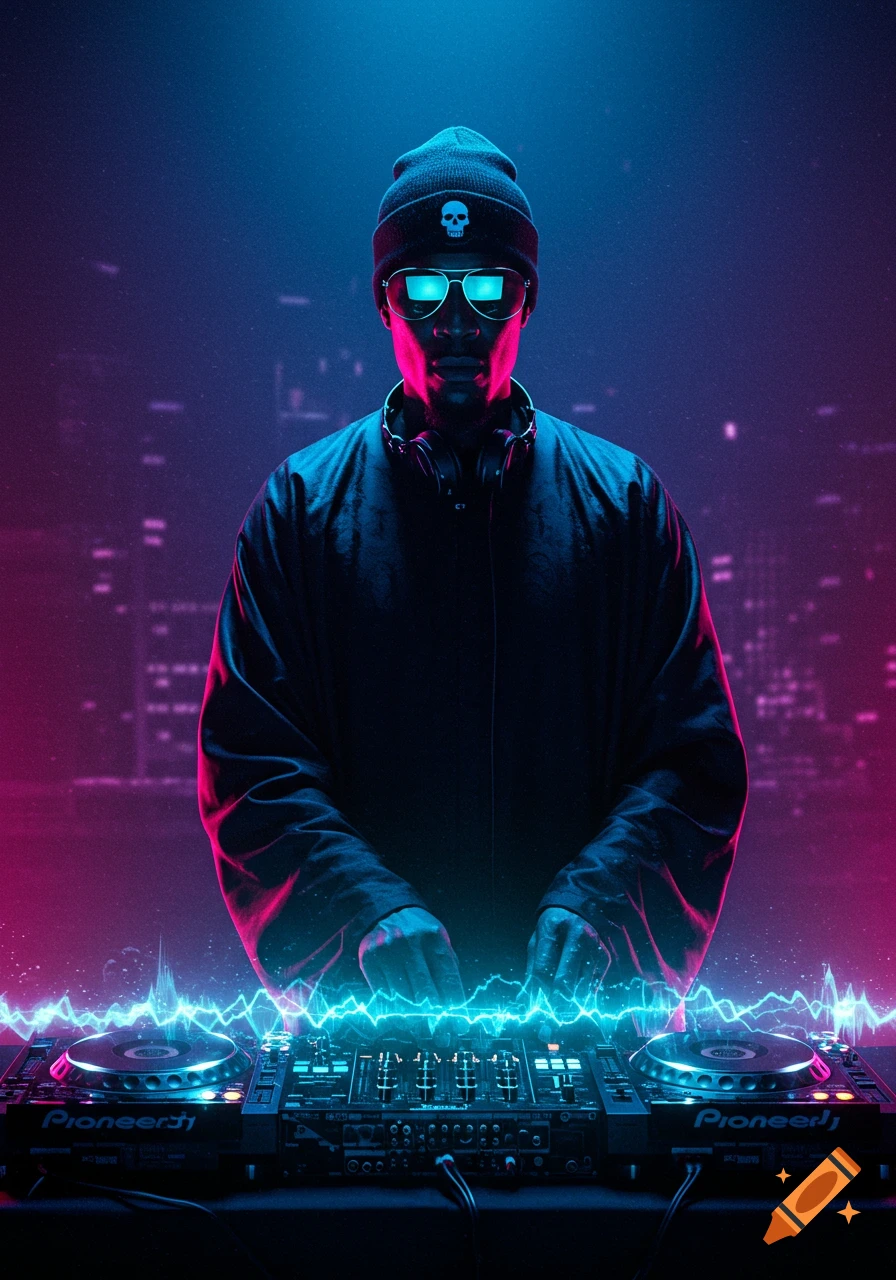 A DJ in sunglasses and a skull beanie operating neon-lit turntables against a dark cyberpunk city background.