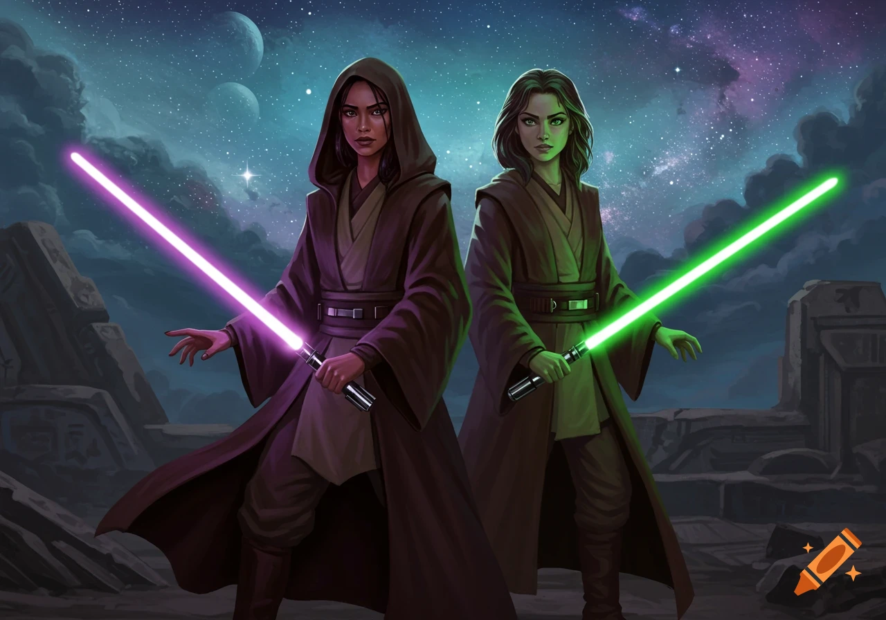 Two women in Jedi robes hold glowing lightsabers in a rocky alien landscape under a starry night sky.