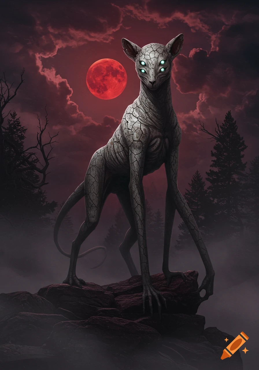 A creepy, cracked-skin creature with four glowing eyes and long limbs stands on a rocky outcrop under a large red moon and dark, cloudy sky.