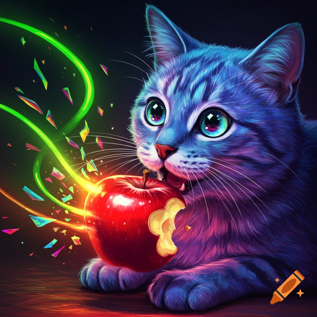 A vibrant blue cat with large, glowing eyes holds a bitten red apple, emitting neon green lines and colorful geometric shards.